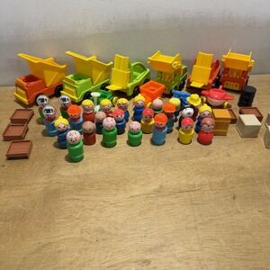 Vtg Fisher Price Little People Lot Of 40+ Wood & Plastic W/ Vehic & Accs